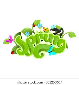 Fresh Spring Calligraphic with grass, butterflies, birds and bugs.
Pseudo 3D lettering. Invitation (ads) on sale. Promotional flyer.