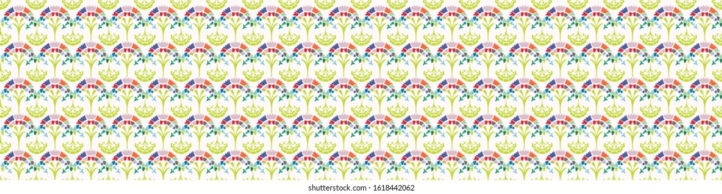 Fresh spring carnation damask border background. Bright stylized floral summer motif medallion seamless banner pattern. Vintage ornate flower paisley edging, textile home decor or flourish trim.