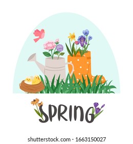 Fresh spring easter concept with chicks in nest, grass, dandelions and daisies in gum boot and watering can cartoon vector illustration. Spring composition flowers and chicks.