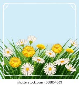 Fresh spring, fields, meadows, daisies and dandelions, grass, greeting, isolated, Cartoon style, vector illustration