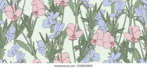 Patrón sin fisuras de Vector floral de primavera fresca para textiles, papel de embalaje, Fondo de pantalla o cubiertas. Ilustración botánica de Vector con flores de pansy