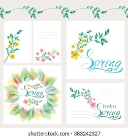 Fresh Spring Flowers background Design Set. Spring Concept. Mockup Templates: Spring Greeting Cards, Spring Badges, Spring Logos, Card Flowers Vector Collection. Vector Flower Elements of design