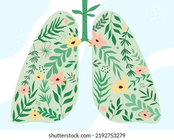 Fresh Spring Flowers From Garden, Wild Field Plants And Green Leaves Inside Abstract Human Lungs. Cartoon Floral Decoration Of Breathing Organ Flat Vector Illustration. Healthy Lifestyle Concept