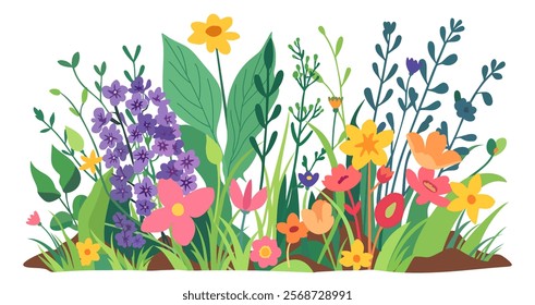 Fresh spring flowers, herbs and grass. Vector isolated illustration.