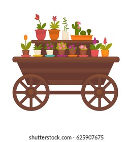 Fresh spring flowers in pots on wooden trolley vector collection isolated