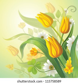 fresh spring flowers. yellow tulips and daisy. vector background