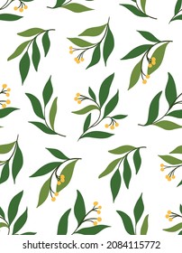 Fresh spring foliage pattern. Seamless pattern with falling branches, green leaves and small yellow berries on a white background. Simple design for fabric or paper. Vector.