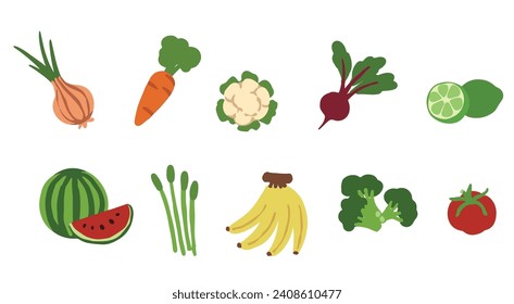 Arte de clip de frutas frescas de primavera y verduras en Shutterstock. Productos coloridos como sandía, zanahorias y más. Ideal para recetas saludables y diseños de temática agrícola.