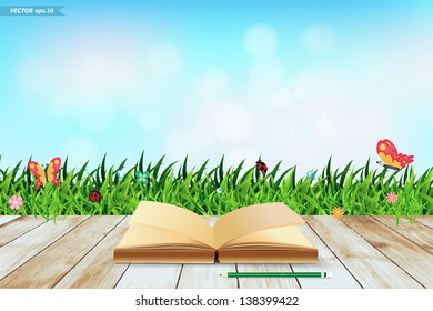 Fresh spring green grass with blue sky bokeh and open book and wood floor. Beauty natural background, Vector illustration template design