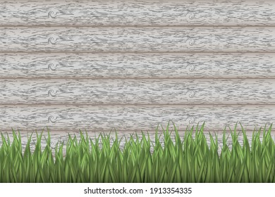 Fresh spring green grass and leaf plant over wood fence background