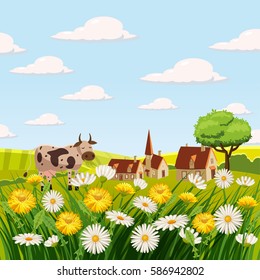 Fresh spring landscape, farm, cows, fields, meadows, daisies and dandelions, grass, greeting, isolated, Cartoon style, vector illustration