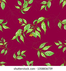 Fresh spring leaves. Theme design cover, invitation, booklet, printing. Handmade seamless pattern. Botanical background, laurel, ficus, tea.