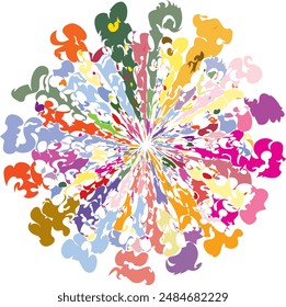 Fresh, spring like colored abstract petals creating circular, contorted flower motif