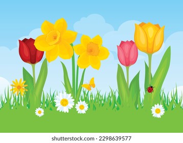 Fresco prado primaveral con flores en una soleada ilustración vectorial del día. Hermosa pradera primaveral con daffodils y tulipanes en un vector de día soleado. Luminoso paisaje primaveral con flores, hierba y nubes