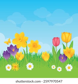 Fresh spring meadow with flowers on a sunny day frame vector illustration. Bright spring landscape with flowers, grass and clouds border vector illustration. Beautiful spring meadow with copy space