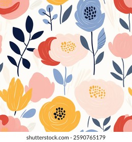 Fresh Spring Pink Orange Red Yellow Orange Aqua Blue French Grey White Abstract Wild Rose Flower Elegant Leaf Watercolor Scandinavian Design Seamless Pattern Wallpaper Pastel Fabric Background Vector