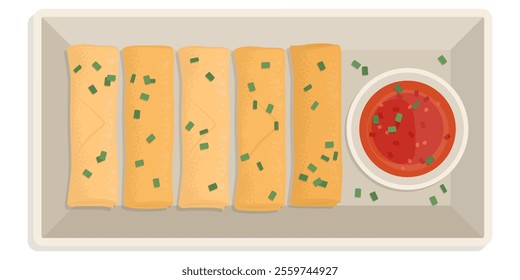 Fresh spring rolls and dipping sauce on a dish, Asian food, isolated on white background