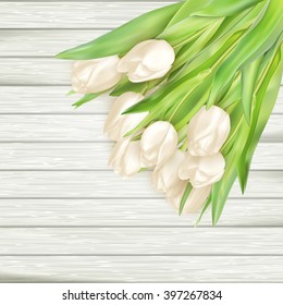 Fresh spring white tulips on painted wooden background. Place for text. EPS 10 vector file included