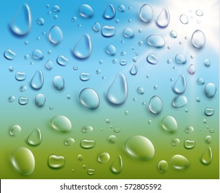 Fresh spring window vector background with transparent dew drops and bright sun. Vector eps10.