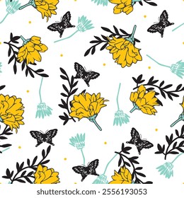 Fresh Spring Yellow Petals with and Butterflies. Perfect for spring-inspired designs, fabric printing, wallpaper, or packaging, this pattern exudes a fresh and modern botanical aesthetic.