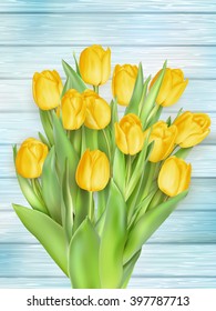 Fresh spring yellow tulips flowers on turquoise wooden planks. Selective focus. Place for text. EPS 10 vector file included