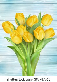 Fresh spring yellow tulips flowers on turquoise wooden planks. Selective focus. Place for text. EPS 10 vector file included