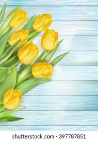 Fresh spring yellow tulips flowers on turquoise wooden planks. Selective focus. Place for text. EPS 10 vector file included