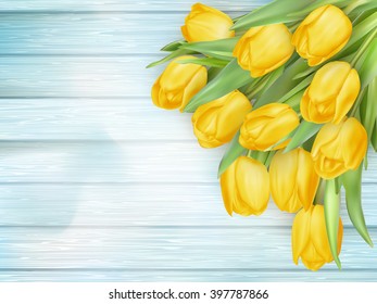 Fresh spring yellow tulips flowers on turquoise wooden planks. Selective focus. Place for text. EPS 10 vector file included