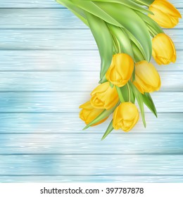 Fresh spring yellow tulips flowers on turquoise wooden planks. Selective focus. Place for text. EPS 10 vector file included