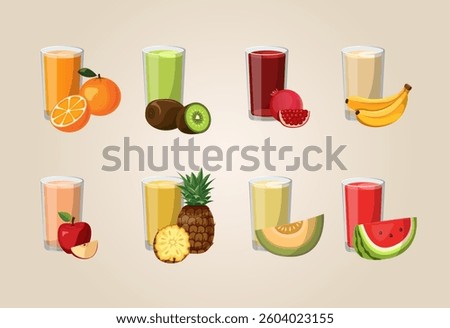 Fresh squeezed juices vector set with fruits