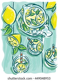 Fresh squeezed lemonade on painted table with glasses and lemons.