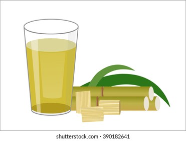 Fresh squeezed sugar cane juice in glass with cut pieces cane isolated on white background. vector illustration.