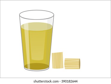 Fresh squeezed sugar cane juice in glass with cut pieces cane isolated on white background. vector illustration.