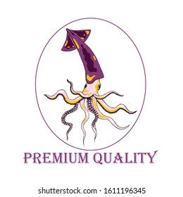 Fresh squid logo. Cartoon flat style clip art with bright colors. Premium quality seafood