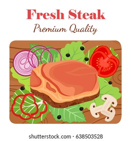 Fresh steak on cutting board with vegetables. Bell pepper, tomato, mushroom, salad leaves. Made in cartoon flat style.