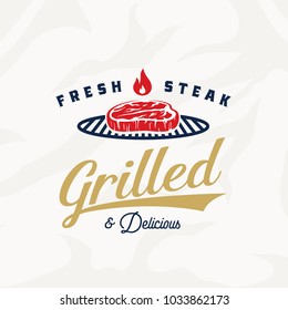 Fresh Steak Vintage Vector Label, Card, Emblem or Logo Template. Retro Typography and Meat Texture. Gold, Blue and Red Colors. Steak and Barbecue Grill Silhouettes. Isolated.