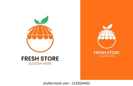 Fresh store logo design. Shop with orange fruit concept and natural