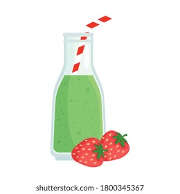 fresh strawberries with bottle juice, in white background vector illustration design