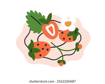 Fresh strawberries in bowl. Ripe red berries served on plate. Sweet healthy snack, vitamin food, natural summer fruit with flower, leaf. Flat vector illustration isolated on white background