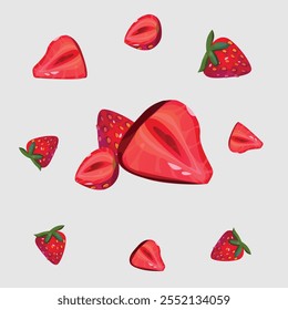 Fresh strawberries in a circular frame, featuring whole fruits and sliced pieces. Perfect for print designs, social media content, and vibrant backdrops.