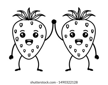 fresh strawberries couple fruits kawaii characters