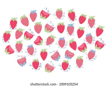 Fresh strawberries with drops of water. Vector cartoon illustration.