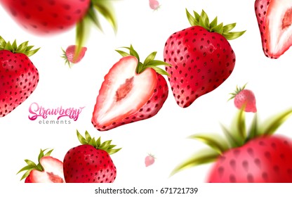 Fresh strawberries falling down from sky, backdrop design in 3d illustration