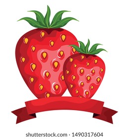 fresh strawberries fruits with ribbon seal stamp