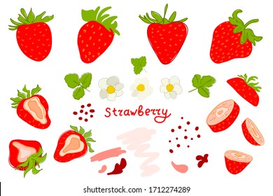 Fresh strawberries isolated on a white background. Set. Strawberry cut in half. Green leaves. Doodle. Red berry, berries with flowers. Healthy eating. Pink. Hand-drawn vector illustration. Handwriting