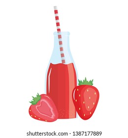 fresh strawberries juice fruit in botttle with straw
