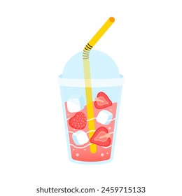 Fresh strawberries lemonade. Berry smoothie or juice in closed plastic cup with straw. Take away summer drink with ice and strawberries. Fresh berries juice, tasty beverage flat vector illustration.