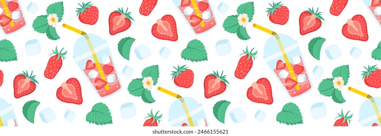 Fresh strawberries lemonade seamless pattern. Bright summer background for restaurants, cafe menus. Take away summer drink. Berries, leaves, ice cubes. Food and drinks. Vector flat illustration.