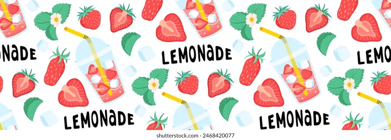 Fresh strawberries lemonade seamless pattern. Bright summer background for restaurants, cafe menus. Take away summer drink with lettering. Berries, leaves, ice, drinks. Vector flat illustration.