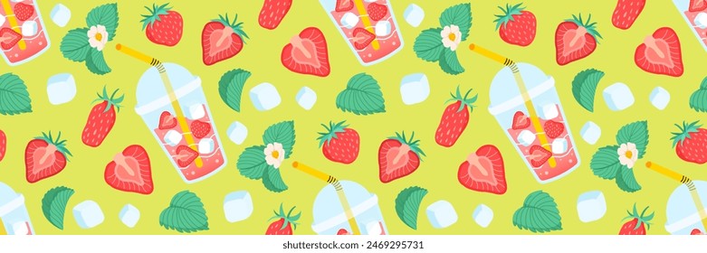 Fresh strawberries lemonade seamless pattern. Bright summer background for restaurants, cafe menus. Take away summer drink. Berries, leaves, ice cubes. Food and drinks. Vector flat illustration.